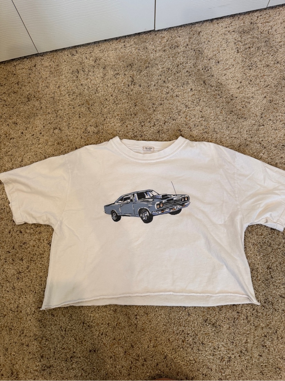 Brandy Melville White Crop Tee with Blue Vintage Car Graphic